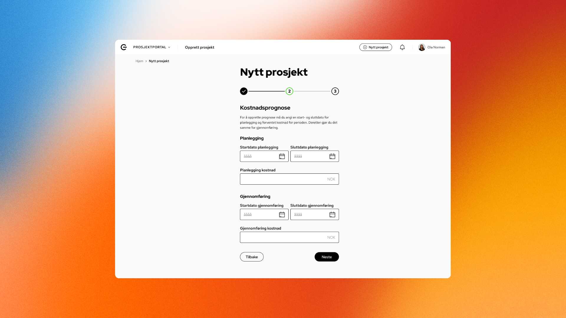 Skjermbilde av veiviseren for å opprette nytt prosjekt i prosjektportalen.